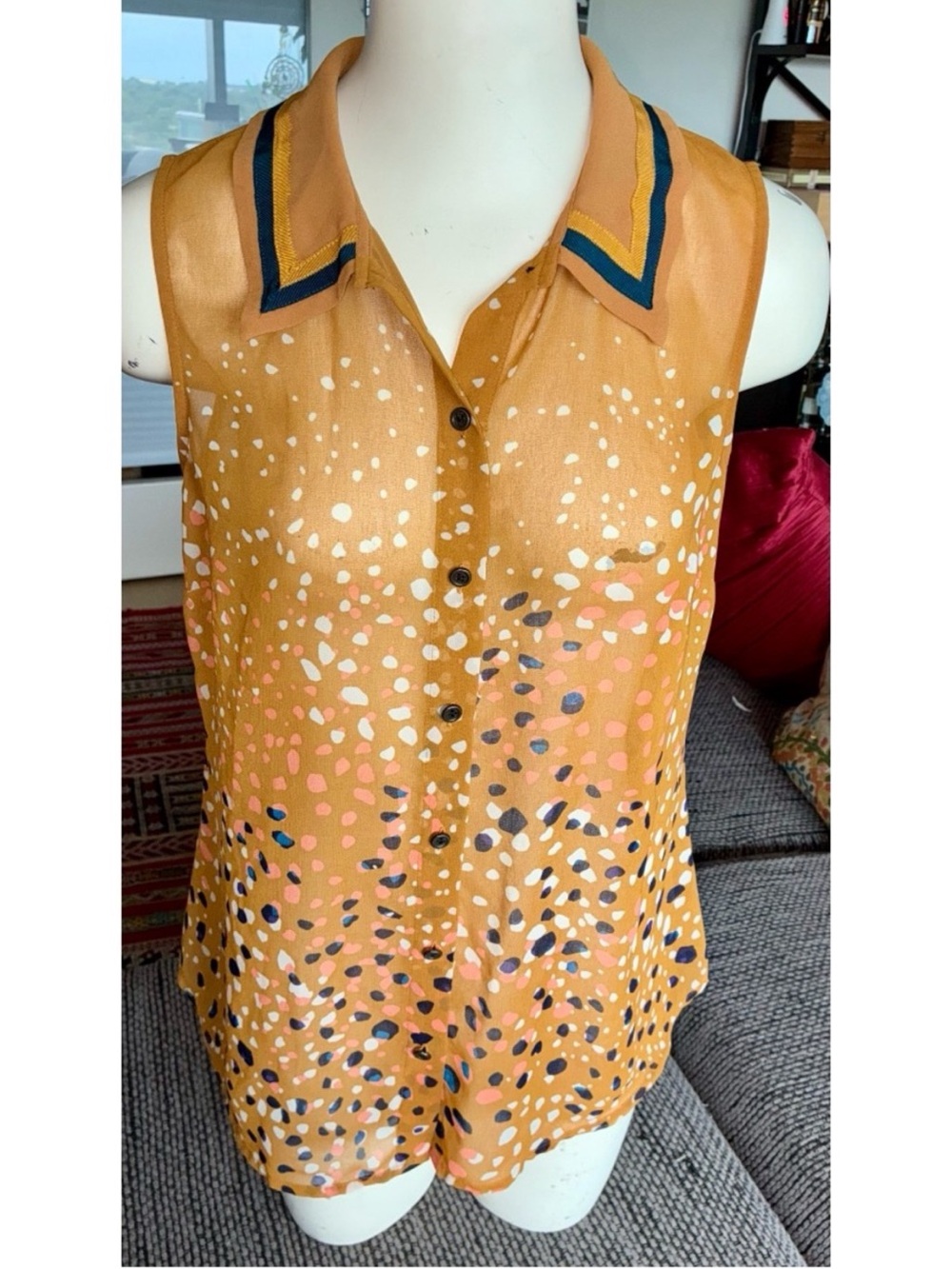 Cabi Sleeveless Button-up Sheer Orange Top, Sz S